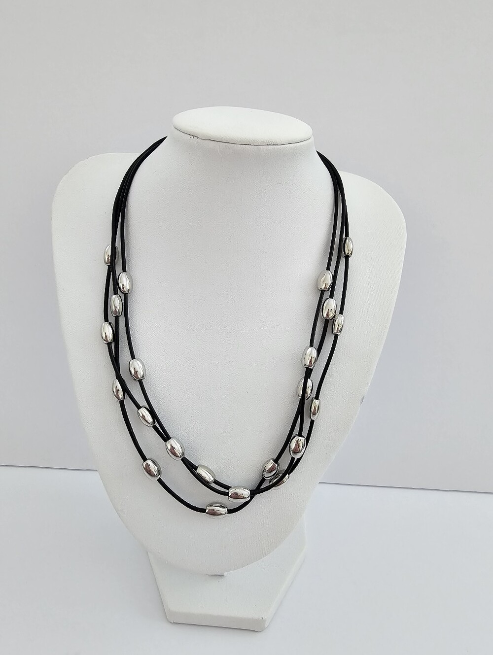 Nine West Triple Strand Black Cord Necklace Silver Tone Pebble Bead Minimalist
